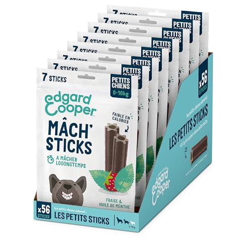 Edgard & Cooper Hundebonbons (Minze & Erdbeere, 7 Stöcke x 8) klein, EIN pro Tag, kalorienarm, langes Kauen effektiv, frischer Atem
