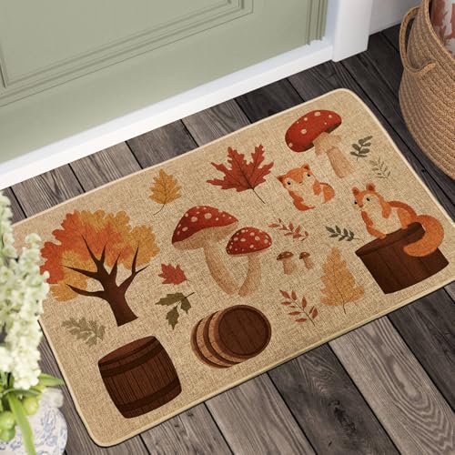 Tapete con diseño de hojas de otoño, ardilla de otoño para interiores y exteriores, decoración rústica, antideslizante, resistente al agua, absorbe el polvo, fácil mantenimiento, 73 x 43 cm