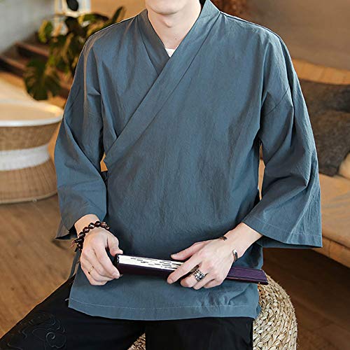 Image of Men's Chinese Style Linen Cardigan Jacket loose kimono Jacket Solid Color Self-tie Hanfu Traditional Clothing