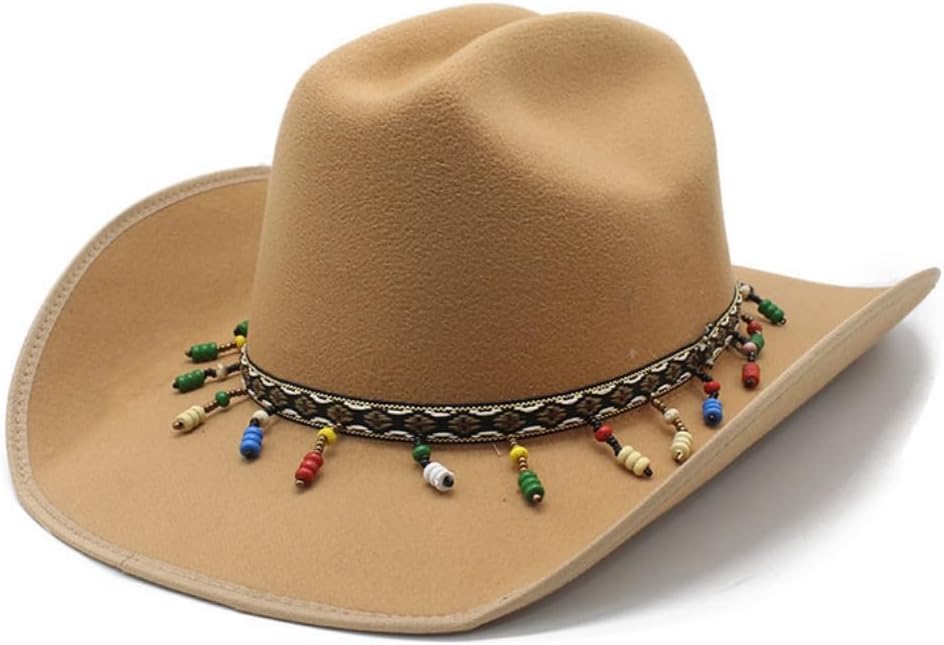 Western Cowboy Hat, Brown Felt with Beaded Chain Trim, Wide Brim Classic Style