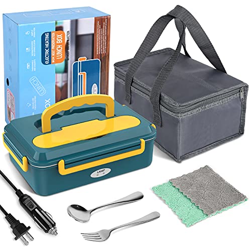 Electric Lunch Box Food Heater, 2 in 1 Portable Food Warmer for Car and Home, Heated Lunch Box for Adults Truck Office with 1L Removable Stainless Steel Container, 2 Compartments, 110V 12V 24V 80W