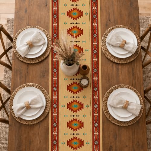 Image of Southwestern Aztec Table Runner, Vibrant Colorful Geometric Tribal Pattern Faux Linen, Bright Boho Dining Decor for Kitchen Table 13x36 Inch