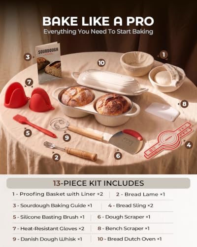 Image of Sourdough Bread Baking Kit with Double Loaf Cast Iron Bread Pan, White | Bakes two mini loaves at once with banneton proofing baskets included
