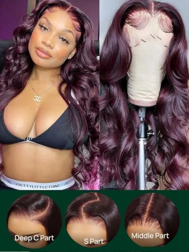 Image of KLAIYI Black Cherry Loose Body Wave Pre Eeverything 13x4 Lace Frontal Wigs Human Hair Bye Bye Knots Glueless Ready to Wear and Go Wig with Face Framing Bangs Drawstring Pre Plucked Burgundy Wig 16Inch
