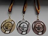  Fanshop Lünen Medaillen Set - Metall 50mm - Bogenschießen - Schützen - Gold Silber Bronze - Schützen - Schütze - Emblem 25mm - Gold, Silber, Bronce - Medaillenset - Deutschland-Band -
