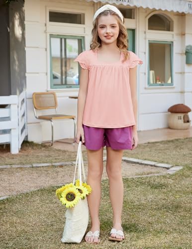 Image of Arshiner Girls Shirts Short Sleeve Square Neck Summer Lace Openwork Pleated Tops Blouse Tunic