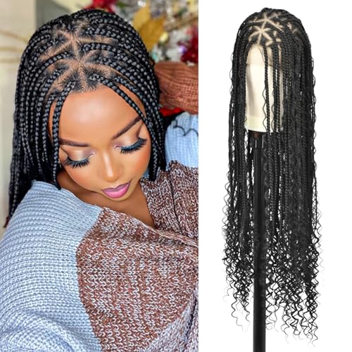 Olymei Boho Braided Wig Box Braids Wig Triangle Knotless Braided Wigs for Women Box Braids with Boho Curls Wig Braided Lace Wig Full Double Lace Front Braid Wigs 36"(Black)