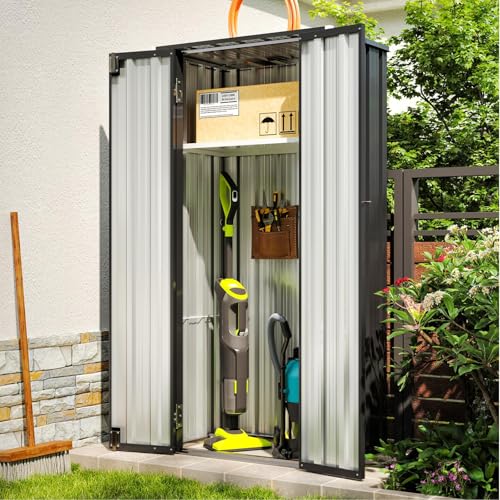 Aoxun Gabinete de almacenamiento para exteriores de 3 x 3 pies, de metal, cobertizo de almacenamiento vertical impermeable de 3 capas para interiores y exteriores, 2 estantes ajustables para patio