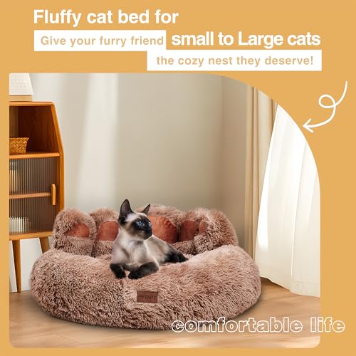 PETART Hundebett Bärenpfoten – Gemütliches Rundes Katzenbett für kleine bis mittelgroße Hunde und Katzen, Weiches Flauschiges Kunstfell-Hundebett (Khaki, XS-50cm)