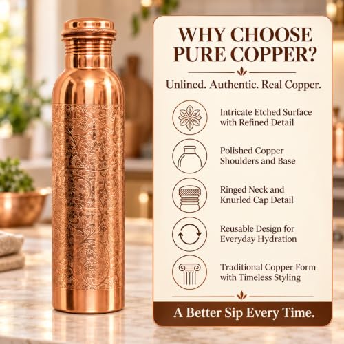 Image of Copper-Master Pure Copper Water Bottle 1L & 2 Glasses Set, Floral Etched
