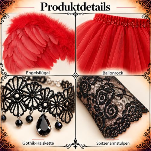 Halloween Kostüm Damen 9-Stück Teufel Kostüm Damen Mädchen Sexy Engel Kostüm mit Korsett,Tutu Rock, 60CM Engelsflügel,Teufelshörner & Heiligenschein Stirnbänder für Karneval Halloween Maskerade,Rot – Bild 3