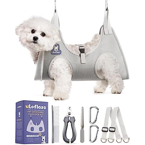 Dog Grooming Hammock Harness for Dogs & Cats with Pet Nail Clipper Trimmer – Cat Hanger Sling for Trimming Clipping Nails- Dog Hammock Restraint Bag for Small Medium Large Dog （ Grey S ）