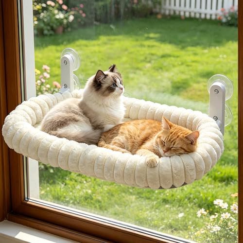 Image of AMOSIJOY Cordless Cat Window Perch, Window Hammock for Cats with 4 Strong Suction Cups, Solid Metal Frame and Cushion Bed Cover, Indoor Cat Bed (XL,Stripe)