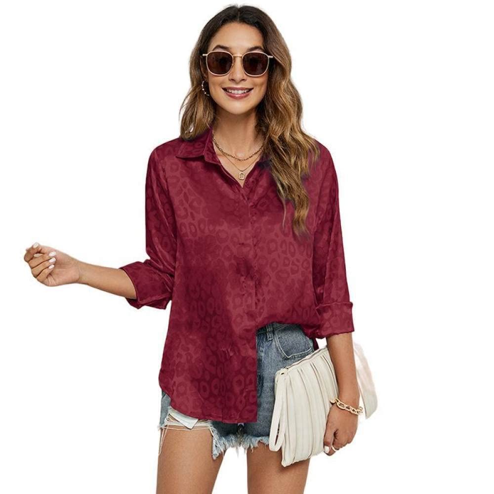 Top Femme,Desserrez Les Manches Longues Col Rabattu Cardigan Dames Blouses Imprimé Claret Femmes Tuniques Printemps Été Décontracté Bureau d'affaires Hauts pour Femmes