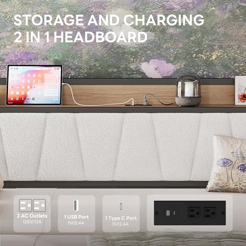Image of LIKIMIO Twin Daybed, Day Bed with Trundle, Storage Boucle Upholstered Headboard and Charging Station, Trundle Bed with Strong Supports for Living Room, Bedroom, and Guest Room, Cream