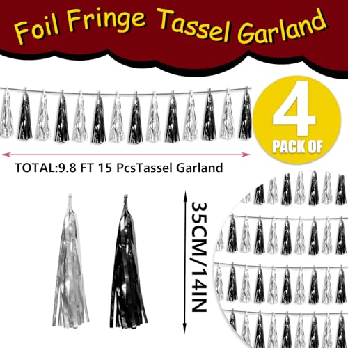 Image of 4P Black Silver Foil Fringe Metallic Tassel Streamers Banner Tassel Garland for Parade Floats, Graduation, Wedding, Birthday, Halloween, Christmas, Bridal /Baby Shower Party Decorations