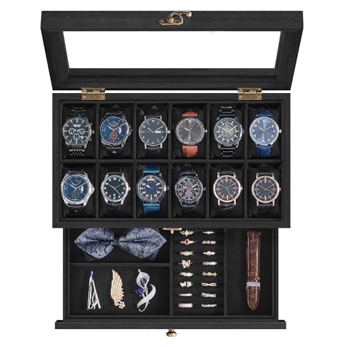 SONGMICS Caja de Relojes con 12 Ranuras, Estuche de Relojes de Madera de 2 Niveles con Tapa de Cristal, Almohadillas, Forro de Terciopelo, Regalo de Seres Queridos, Negro Tinta JOW012B02