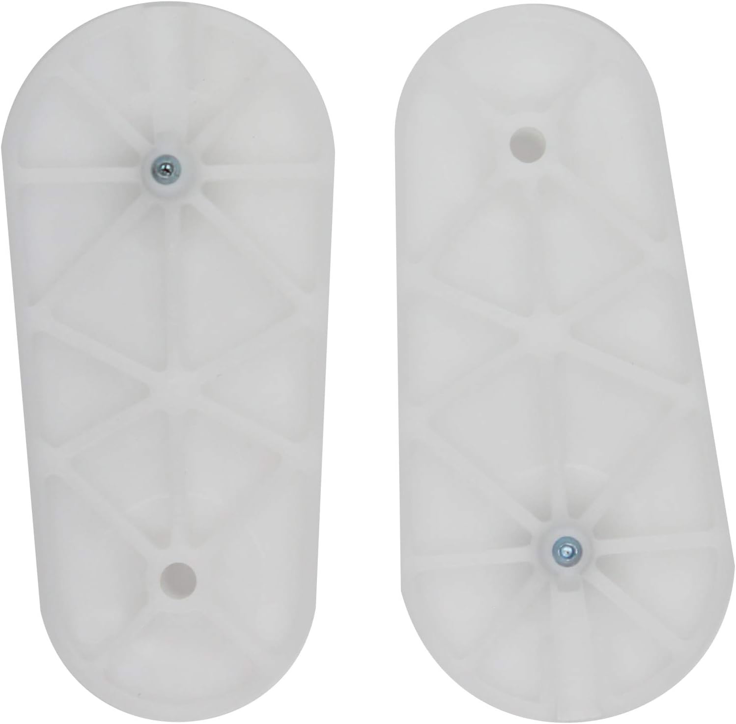 Close-up of the underside of two white dishwasher door balance links, showing the structural design and attachment points.