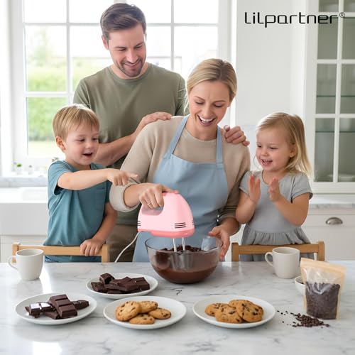 Image of LILPARTNER Electric Hand Mixer with Storage Box, Ultra Power Kitchen Hand Mixer With 7-Speed & 5 Stainless Steel Accessories for Whipping Dough, Cream, Cake, Dishwasher Safe, LIGHT PINK BOX