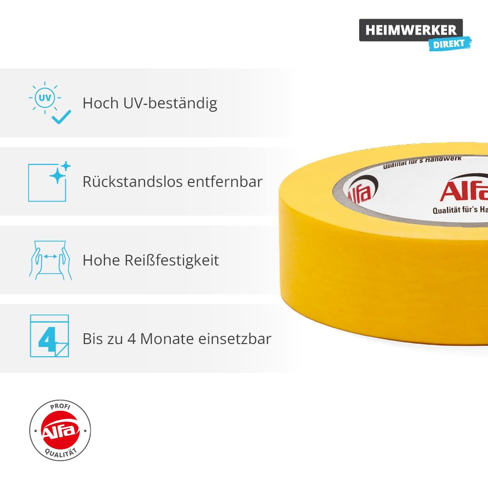 Alfa 6x FineLine GOLD Washi Tape 50 mm x 50 m Profi-Abdeckband (300 m) | Profi-Qualität - Japanisches Reispapierband für Malerarbeiten - UV-beständig und rückstandsfrei – PREMIUM-Klebeband