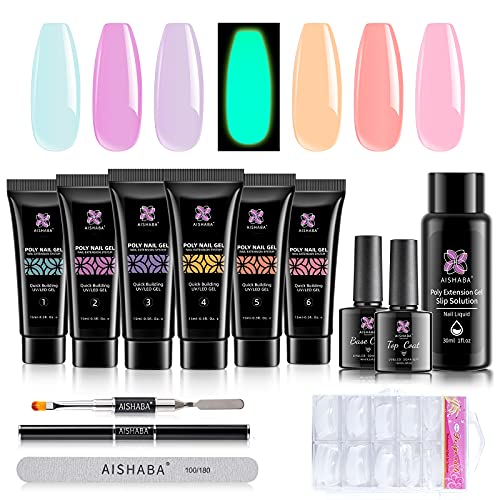 Aishaba Poly Extension Gel Nail Kit 6 Colors Glow in the Dark Poly Nail Gel with Slip Solution Top Base Coat Luminous Nail Builder Gel Nail Enhancement Kit All-in-one Manicure Kit UV/LED Lamp Needed Aishaba Poly Extension Gel Nail Kit 6 Colors Glow in the Dark Poly Nail Gel with Slip Solution Top Base Coat Luminous Nail Builder Gel Nail Enhancement Kit All-in-one Manicure Kit UV/LED Lamp Needed