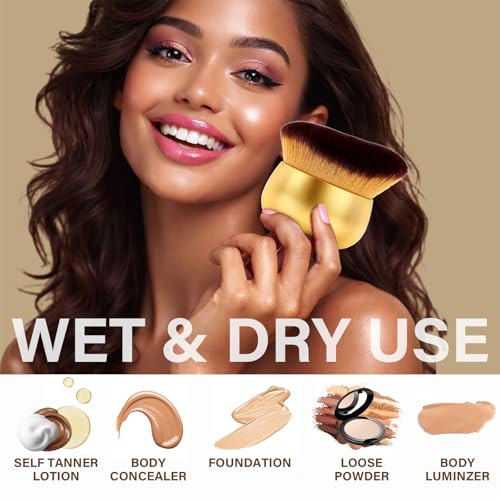 Image of Extra Large Body Makeup Brush For Self Tanner, Leg Makeup &Bronzer Blend,75 mm Wide-headed Kabuki Brush Provides More Even& Pretty Application, Sunscreen Face&Back Makeup Brush, Wet&Dry Use- Gold