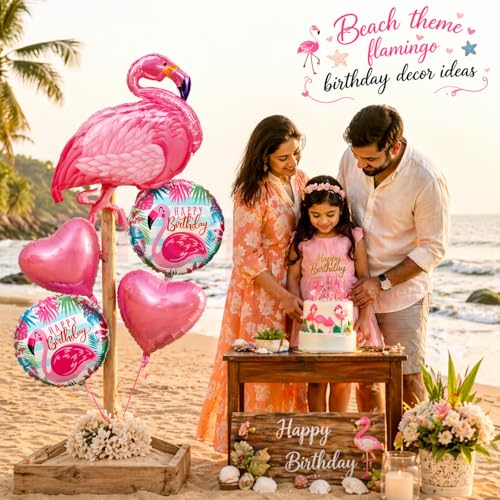 Image of Propsicle Flamingo Theme Foil Balloons Set Pack of 5 Pink Flamingo Heart Balloons Happy Birthday Round Balloon Tropical Decoration for Kids Birthday Pool Beach Theme Setup Supports Helium Air