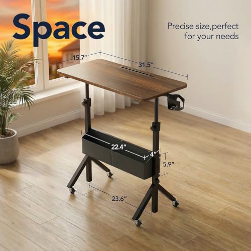 HUANUO Mobile Standing Desk with Wheels and Storage Basket, Height Adjustable 28.7