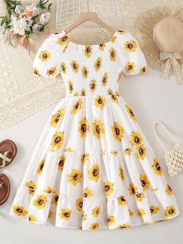 Floral Print Smocked Dress, White with Flower, Princess Style2