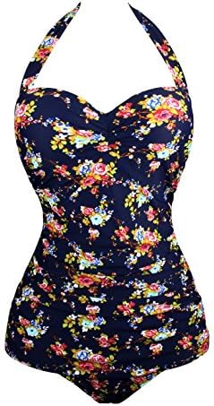 Angerella Vintage One Piece Monokinis Women Sexy Swimwear Suits,Navy(floral),US 4-6=Tag Size M