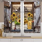 Famiffty Sunflower Vintage Country Kitchen Curtains 27.5W X 39L Inch 2 Panels Rod Pocket-Brown Old B
