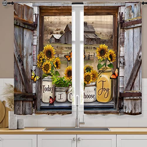 Famiffty Sunflower Vintage Country Kitchen Curtains 27.5W X 39L Inch 2 Panels Rod Pocket-Brown Old Barn Door Butterfly Short Cafe Tier Curtains-Wood Floral Bathroom Window Drapes Treatment Home Decor #TOP2