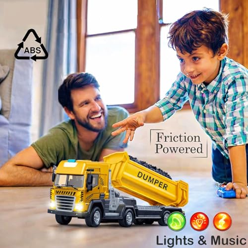 Image of Die cast Alloy Model Dumper Transport Truck Toy for Kids Boys 1:24 Friction Powered Excavator Construction Toys Dump Trailer with Lights Sounds Pull Back Vehicles (Multicolor, Pack of 1)
