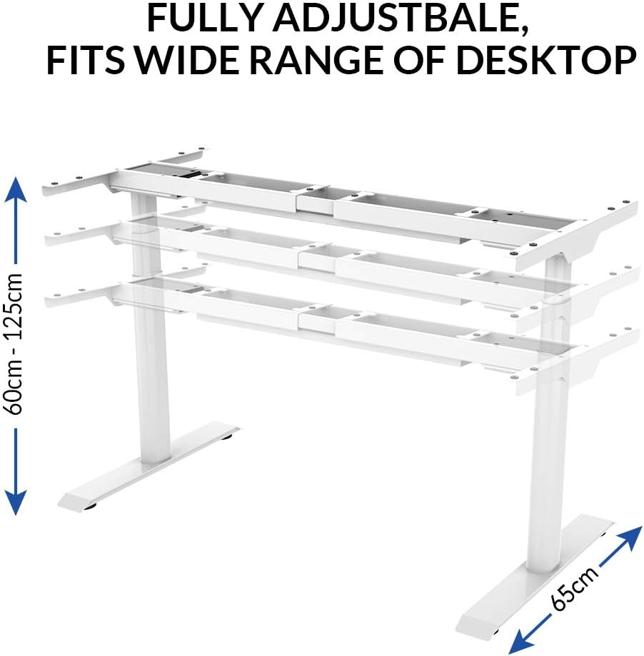 Diagram illustrating the adjustable width of the SANODESK E8W desk frame, ranging from 110cm to 190cm.