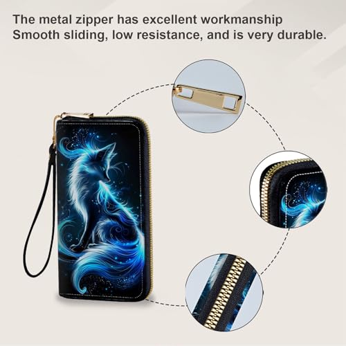 Women's Card Holder Wristlet Wallet, Convenient Travel Long Wallet with Strap and Pink Compact Mirror, Fashion and Sturdy Wristlet Long Purse for Women, Blue Light Fox4