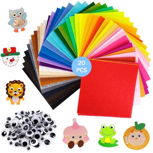 Canollo 20 Farben Bastelfilz und 56 Stück Selbstklebend Wackelaugen, Filz zum Basteln, Bunt Filzstoff zum Basteln, Filz Basteln Set, DIY filzstoff für Mädchen Jungen Handwerk Nähen Projekte 20×30cm