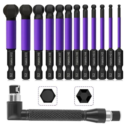 Hakkin Lot de 12 embouts hexagonaux longs 65 mm tête sphérique 1/4" S2 pour tournevis à six pans creux Embouts longs Ball End Allen Wrench Drill Bit avec poignée"}