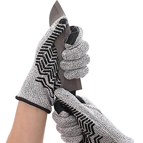 TCCFCCT Cut Resistant Work Gloves for Men Women, 13G HPPE Level 5 Cutting Gloves, Silicone Coated Grip Safety Work Gloves for Woodworking, Rotary Cutting, Glass handling, Box Moving, 1Pair, Black XL