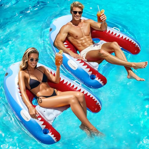 HeySplash Pool Floats Adult, 2 Pack Shark Pool Float Chair with Cup Holder for Adults, Inflatable Pool Float Lounge with Handles, Inflatable Floats...