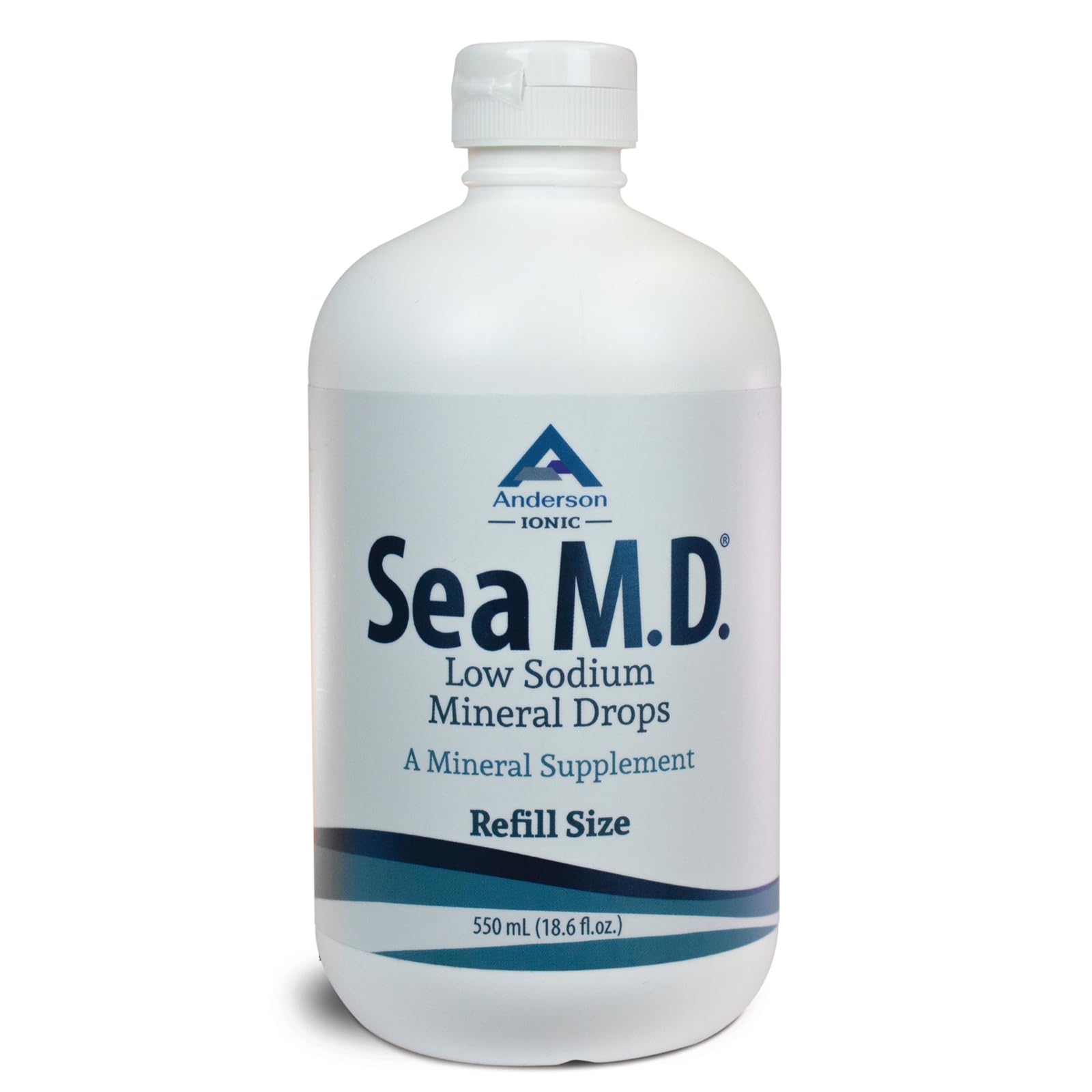 Anderson Sea M.D. New Refill Size Concentrated Trace Mineral Drops, Ionic Electrolyte Magnesium Supplement, Aids in Muscle Cramps, Liquid Magnesium, Easy to Take, 550mL, 275 Servings