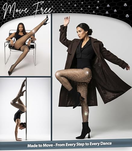 Image of Rhinestone Fishnet Tights with Back Seam for Women - High Waist Sparkling Pantyhose, Seamless Nude Mesh Stockings, Glitter Stretch Hosiery for Party, Dance, Clubwear (S-L)