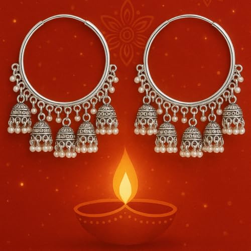 Image of Premium Oxidized Jhumki Earrings for Women | Chunky Long Ghungroo | Bridal Dulhan Temple Jewelry | Anti Tarnish Hypoallergenic Festive Earrings for Navratri, Garba, Dandiya, Diwali ,Wedding