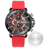BORUSE Reloj deportivo para hombre, resistente al agua, cronógrafo, correa de silicona, color rojo, esfera grande, analógico, de cuarzo, negro rojo, Deportes de exterior