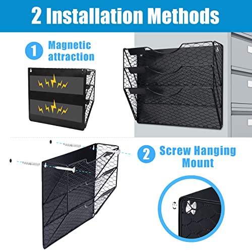 Nioffice 3-Pocket Magnetic File Organizer For Office And Home - Vertical Magazine And Mail Holder With No-Drill Mounting For Wall, Cabinet Or Fridge (Black) #TOP5