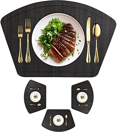 Immokaz Round Placemat for Dining Heat Insulation Stain Resistant Non-Slip Waterproof Washable Wipe Clean PU Fan Shape Wedge Kitchen Table Mat Set (4, Pu_Wood Black)