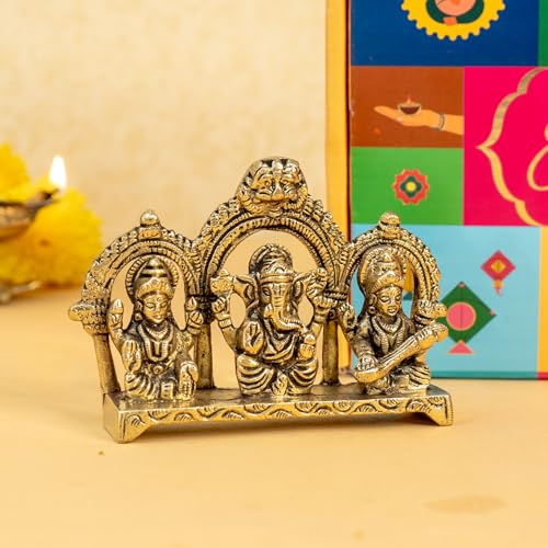 Image of Ekhasa 100% Pure Brass Lakshmi Ganesh Saraswati Idol with Gift Box | God Idol Brass Showpiece for Home Decor Pooja Room | Religious Housewarming Grah Pravesh Diwali Wedding Gift