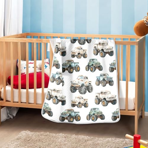 Image of Vintage Monster Trucks Baby Blankets Soft Warm Crib Stroller Blanket for Toddler Newborn Girls Boys 30x40in