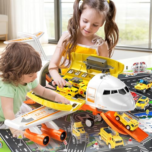 ZDRKWSM Airplane Toys for Toddlers 3-5, Toy Airplane for Boys Age 4-7, Large Spray Transport Airplane Toy with 12 Construction Vehicles, Birthday Gifts for 3 4 5 6 7 8 Years Old