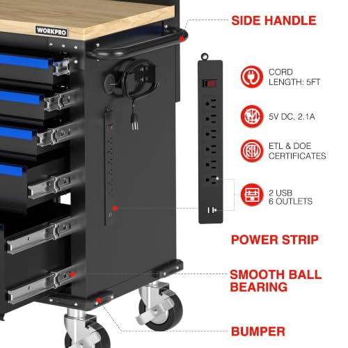 Image of WORKPRO 52 inch x 20 inch Rolling Tool Chest with Pegboard, 5-Drawer & 1-Door