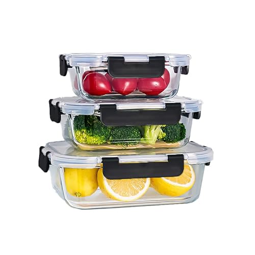 Pmssypl 3 black transparent glass storage containers, reusable sealed fresh-keeping boxes, suitable